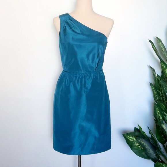 J. Crew Turquoise 100% Silk One Shoulder Sleeveless Pencil Mini Dress Size 4 - Picture 8 of 8